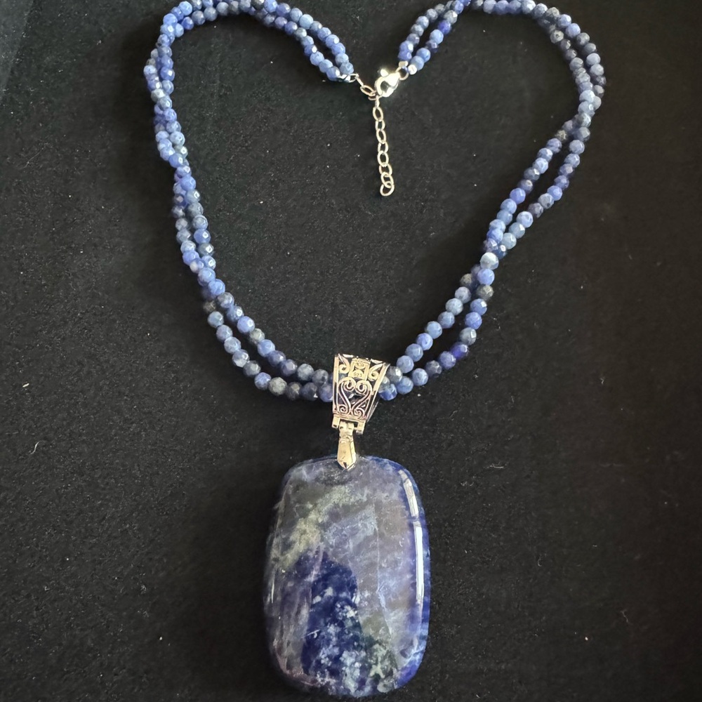 Vintage Sterling Beaded Blue Stone Pendant w/ Triple Row Blue Hues Necklace